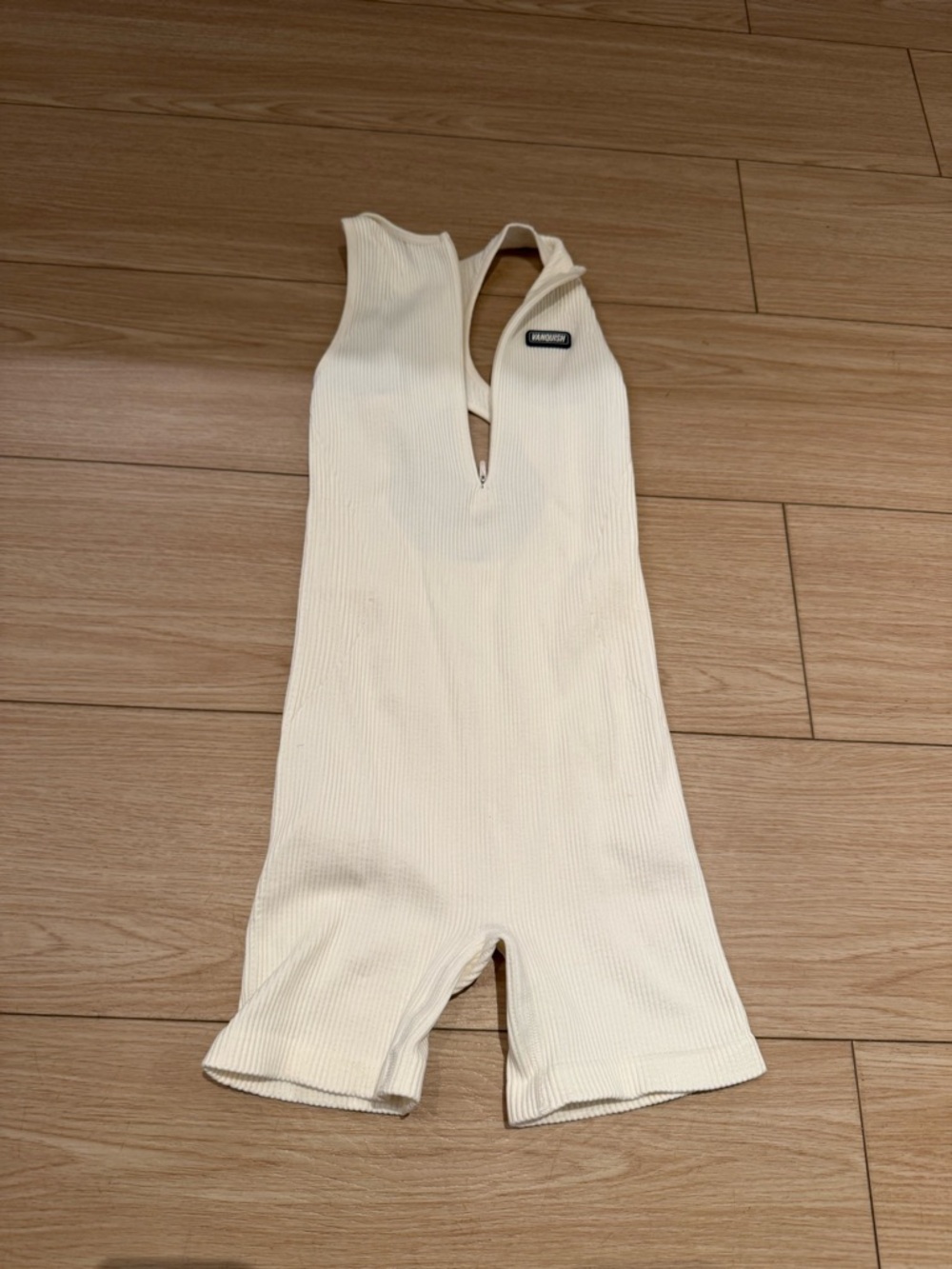 Vanquish Gym Jumpsuit Cream/ White Ribbed Sleeveless Romper with Front Keyhole